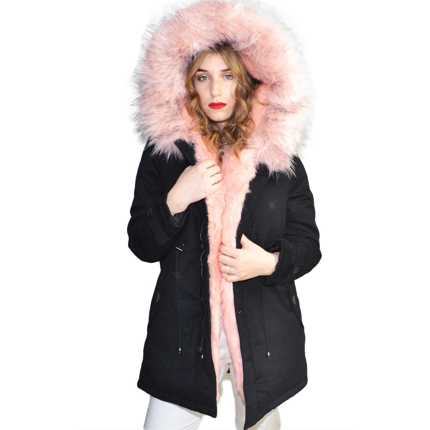 Parka donna lungo nero con pelliccia colorata rosa voluminosa glamour donna parka k zell MaluShoes